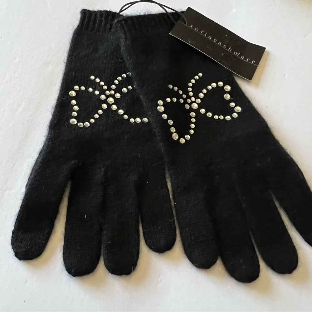SOFIA CASHMERE SILVER CRYSTAL STUD EMBELLISHED CASHMERE GLOVES BLACK OS NWT